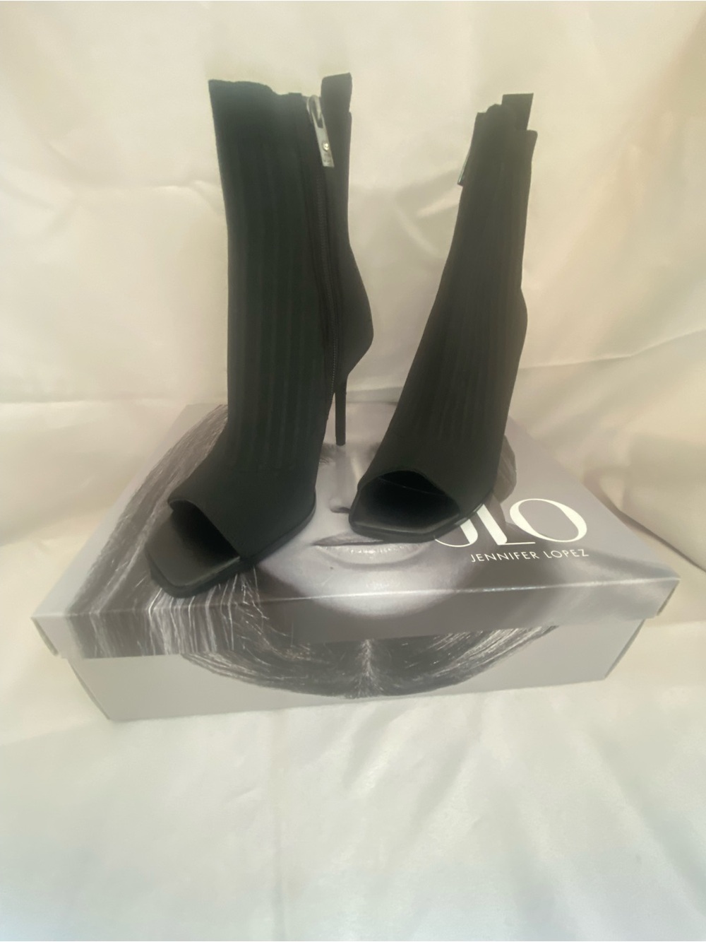 Jennifer Lopez Black Peep-Toe Stiletto Ankle Booties